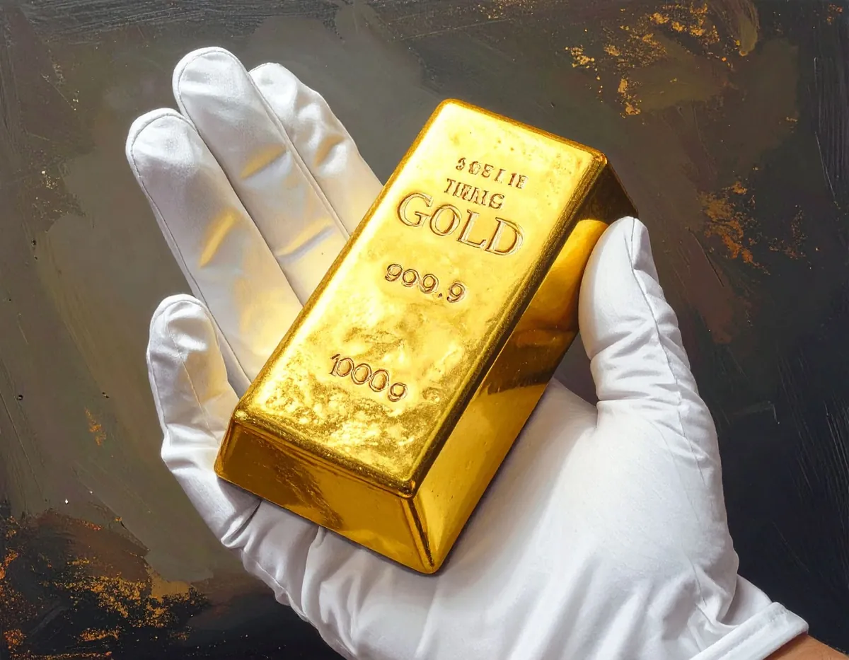 A white-gloved hand holding a 1000 gram gold bar